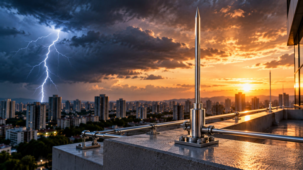 Sistema SPDA instalado na cobertura de uma edificação para proteção contra descargas atmosféricas