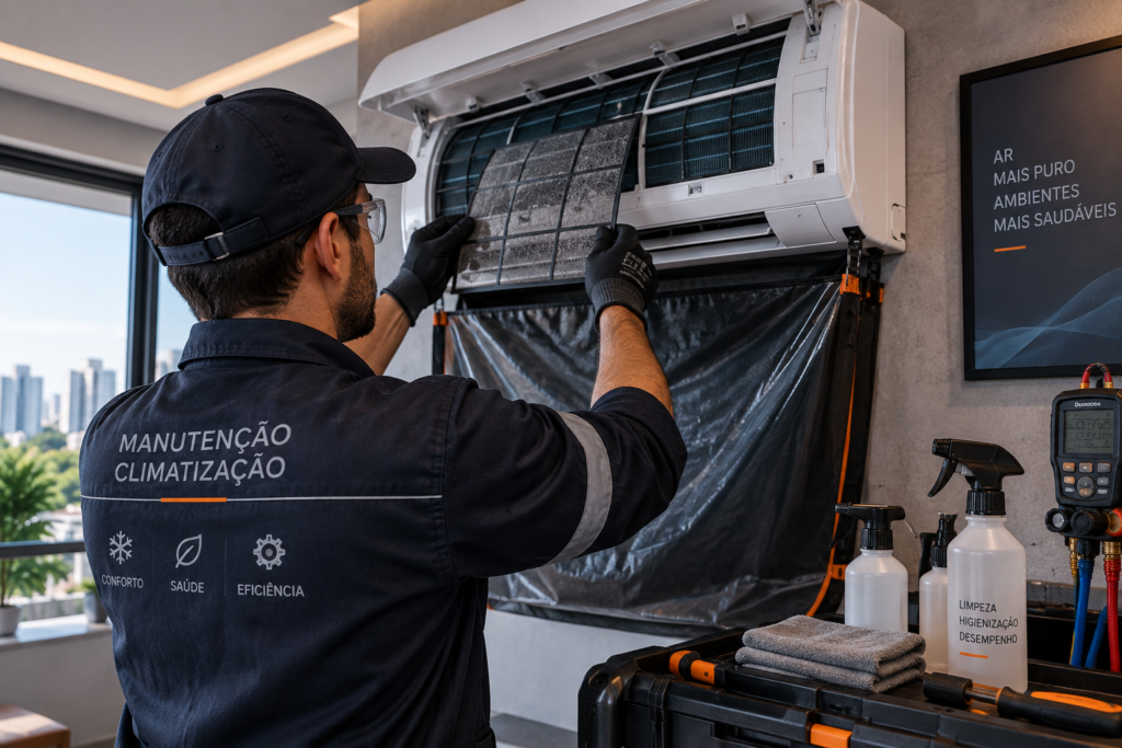 Técnico realizando manutenção preventiva em sistema de ar-condicionado