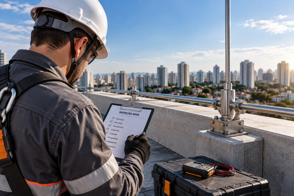 Engenheiro realizando inspeção técnica de sistema SPDA em edificação