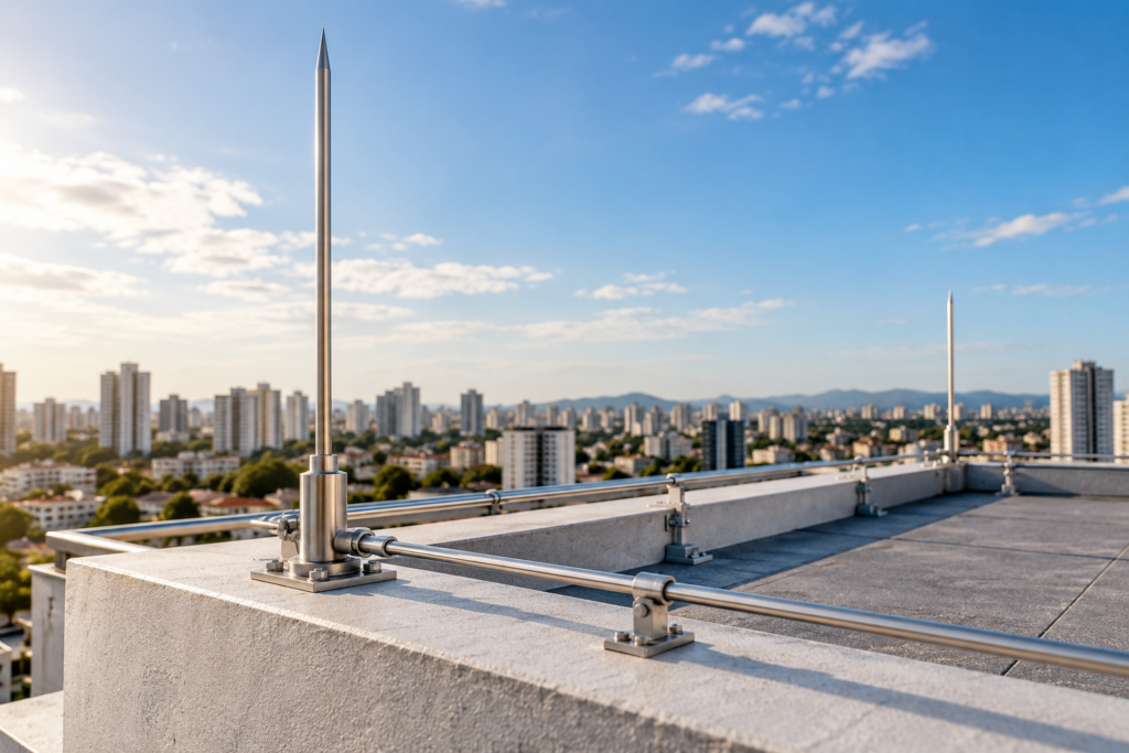 Sistema de captação para proteção contra descargas atmosféricas instalado em edificação